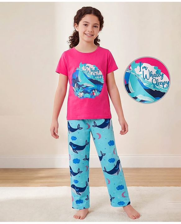 Pine Kids Single Jersey Knit Half Sleeves Night Suit With Whale Print - Blue & Dark Pink