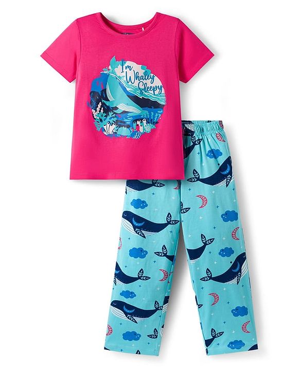 Pine Kids Single Jersey Knit Half Sleeves Night Suit With Whale Print - Blue & Dark Pink