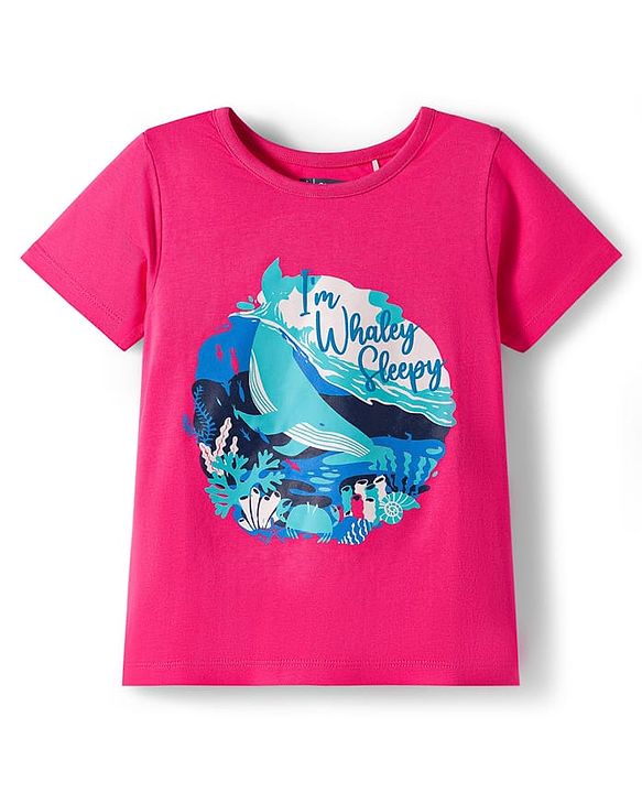Pine Kids Single Jersey Knit Half Sleeves Night Suit With Whale Print - Blue & Dark Pink