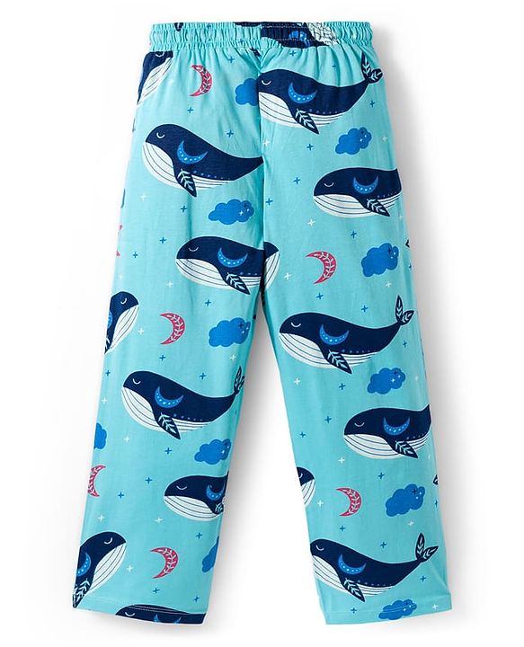 Pine Kids Single Jersey Knit Half Sleeves Night Suit With Whale Print - Blue & Dark Pink