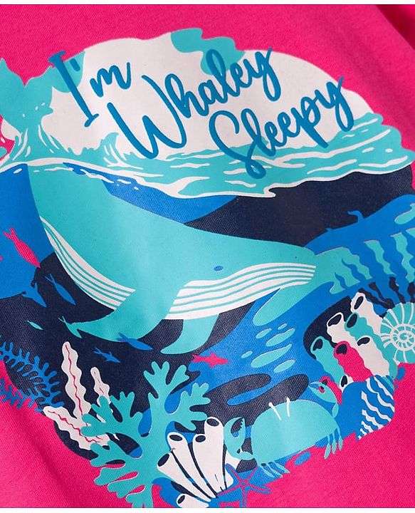 Pine Kids Single Jersey Knit Half Sleeves Night Suit With Whale Print - Blue & Dark Pink