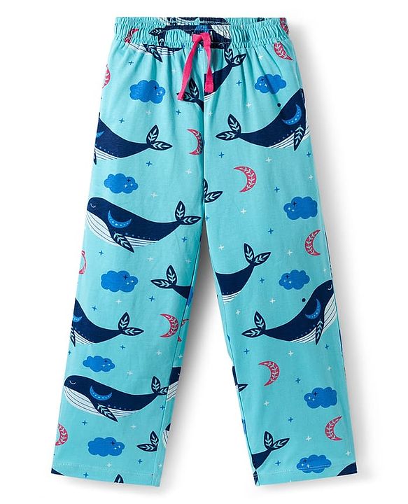 Pine Kids Single Jersey Knit Half Sleeves Night Suit With Whale Print - Blue & Dark Pink