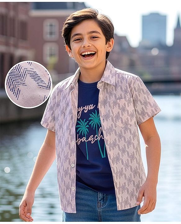 Pine Kids Viscose Woven Half Sleeves Shirt With Printed T-Shirt - Multicolour