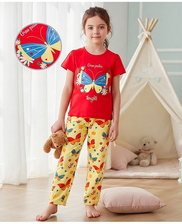 Pine Kids Single Jersey Knit Half Sleeves Night Suit With Butterfly Print - Red & Lime