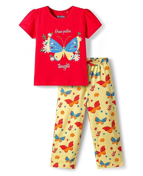 Pine Kids Single Jersey Knit Half Sleeves Night Suit With Butterfly Print - Red & Lime