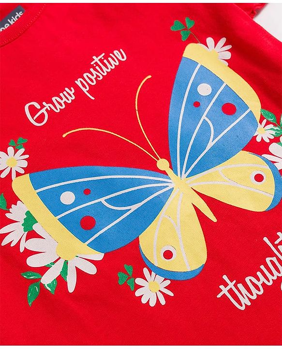 Pine Kids Single Jersey Knit Half Sleeves Night Suit With Butterfly Print - Red & Lime