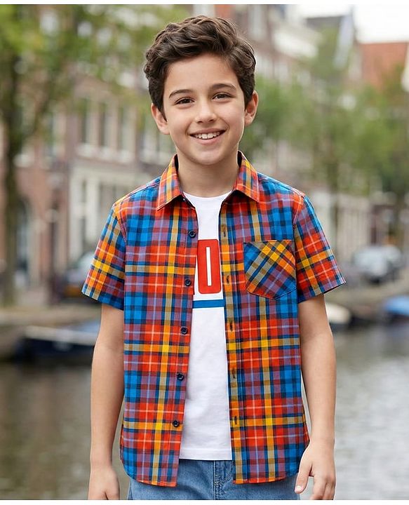 Pine Kids Cotton Woven Half Sleeves Printed Shirt With T-Shirt - Multicolour