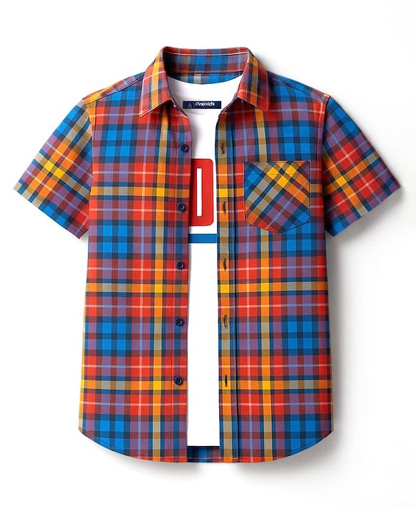 Pine Kids Cotton Woven Half Sleeves Printed Shirt With T-Shirt - Multicolour