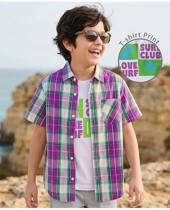 Pine Kids Cotton Woven Half Sleeves Shirt With Printed T-Shirt - Multicolour