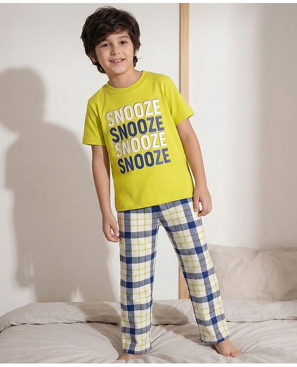Pine Kids Single Jersey Knit Half Sleeves Night Suit With Text Print - Green & Blue