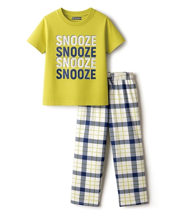 Pine Kids Single Jersey Knit Half Sleeves Night Suit With Text Print - Green & Blue