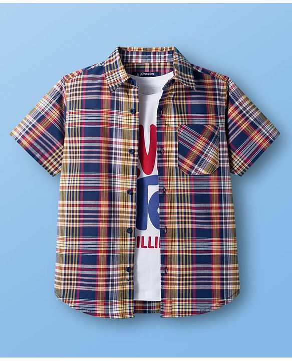 Pine Kids Cotton Woven Half Sleeves Shirt With Printed T-Shirt - Multicolour