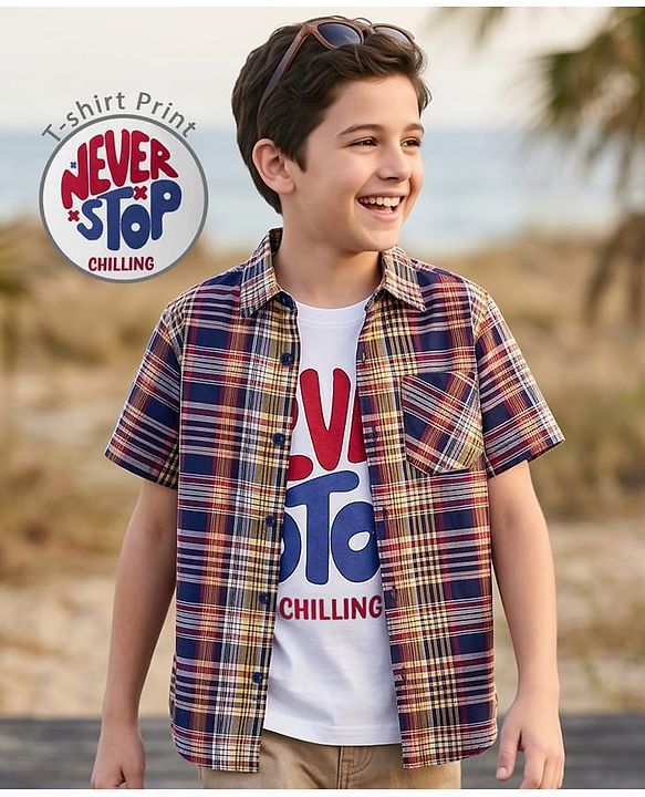 Pine Kids Cotton Woven Half Sleeves Shirt With Printed T-Shirt - Multicolour
