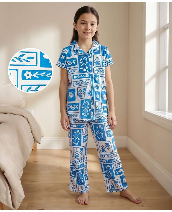 Pine Kids Single Jersey Knit Half Sleeves Co-ords Night Suit With Floral Print - White & Blue