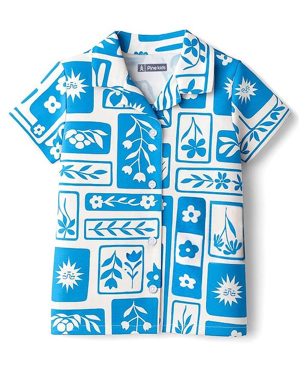 Pine Kids Single Jersey Knit Half Sleeves Co-ords Night Suit With Floral Print - White & Blue