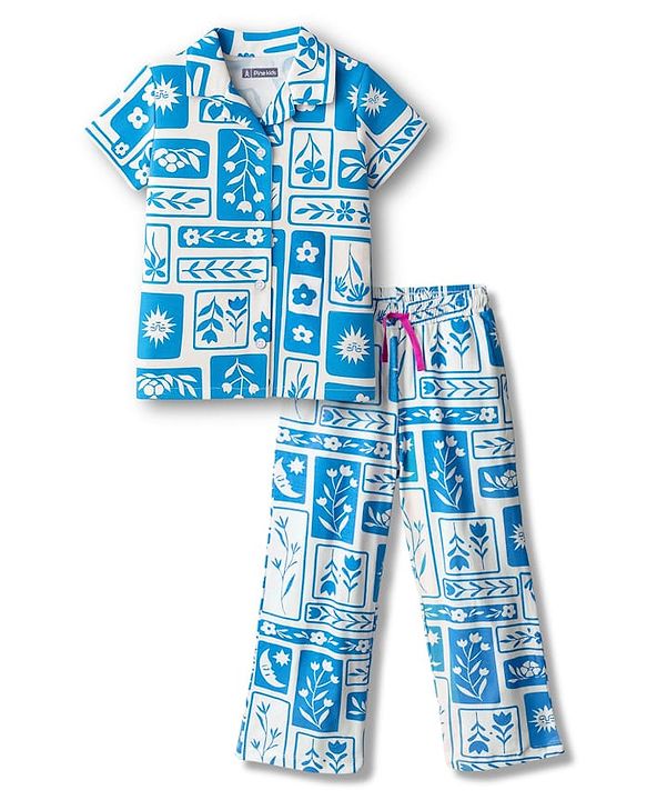 Pine Kids Single Jersey Knit Half Sleeves Co-ords Night Suit With Floral Print - White & Blue