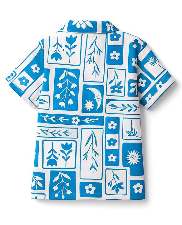 Pine Kids Single Jersey Knit Half Sleeves Co-ords Night Suit With Floral Print - White & Blue