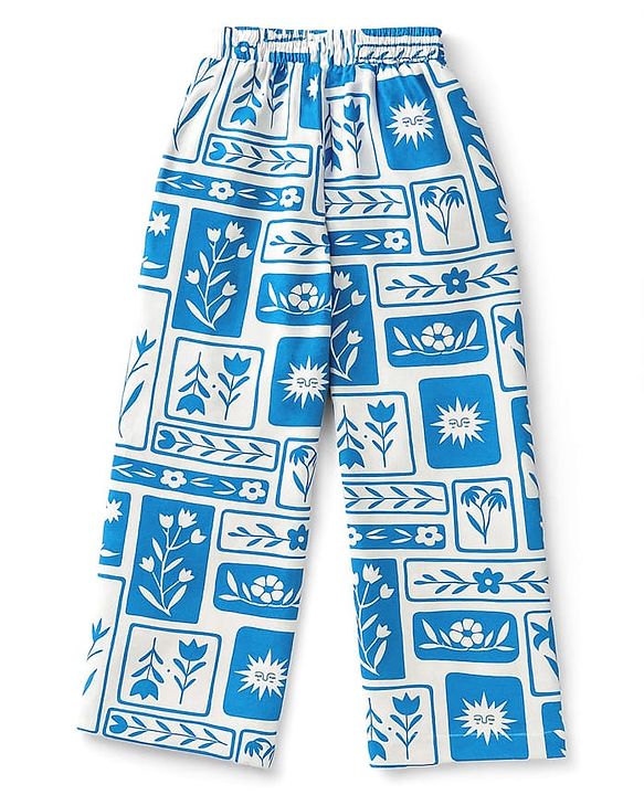 Pine Kids Single Jersey Knit Half Sleeves Co-ords Night Suit With Floral Print - White & Blue