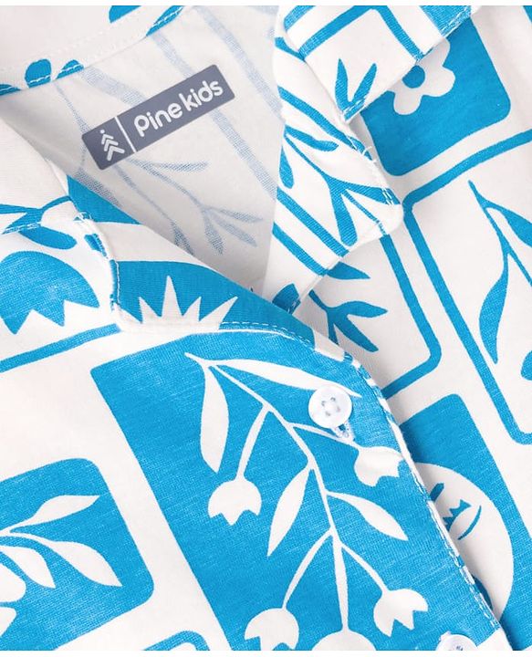 Pine Kids Single Jersey Knit Half Sleeves Co-ords Night Suit With Floral Print - White & Blue