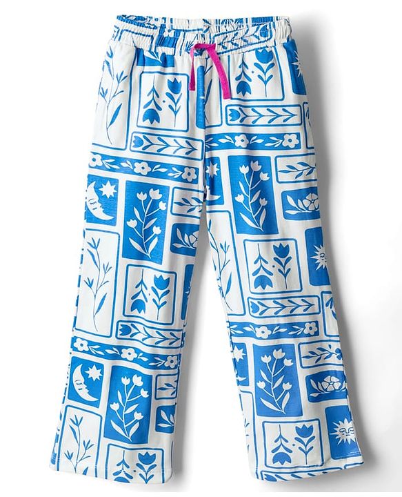 Pine Kids Single Jersey Knit Half Sleeves Co-ords Night Suit With Floral Print - White & Blue