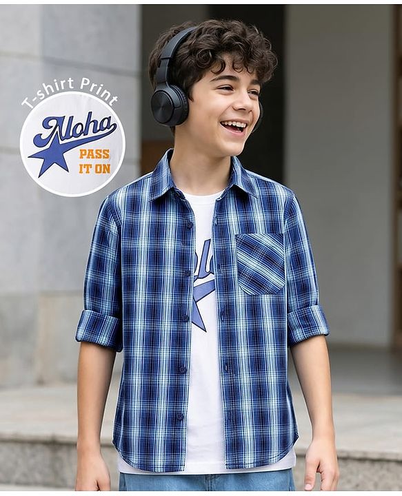 Pine Kids Cotton Woven Half Sleeves Checks Shirt With Printed T-Shirt - Blue