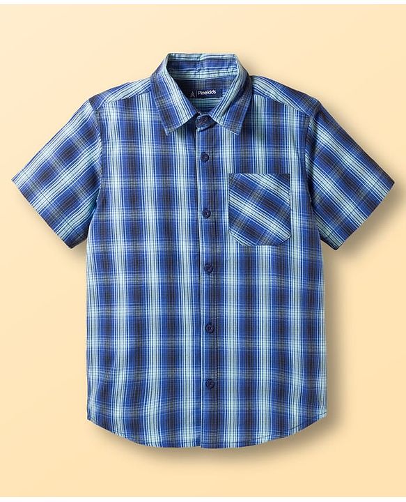 Pine Kids Cotton Woven Half Sleeves Checks Shirt With Printed T-Shirt - Blue
