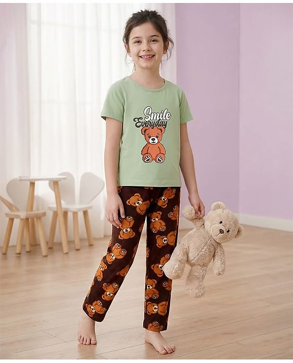 Pine Kids Single Jersey Knit Half Sleeves Night Suit With Animal Print - Green