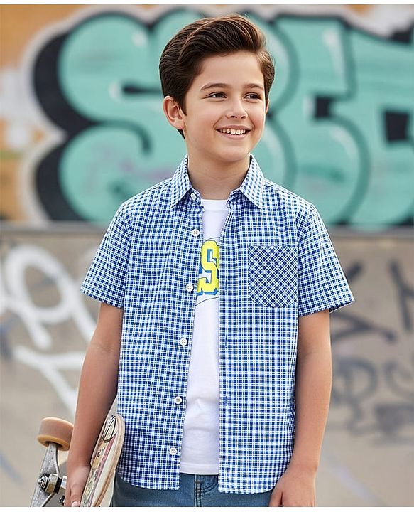 Pine Kids Cotton Woven Half Sleeves Checks Shirt With Printed T-Shirt - Navy Blue