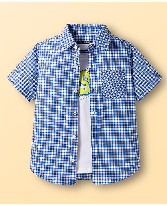 Pine Kids Cotton Woven Half Sleeves Checks Shirt With Printed T-Shirt - Navy Blue