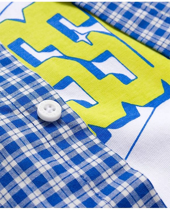 Pine Kids Cotton Woven Half Sleeves Checks Shirt With Printed T-Shirt - Navy Blue