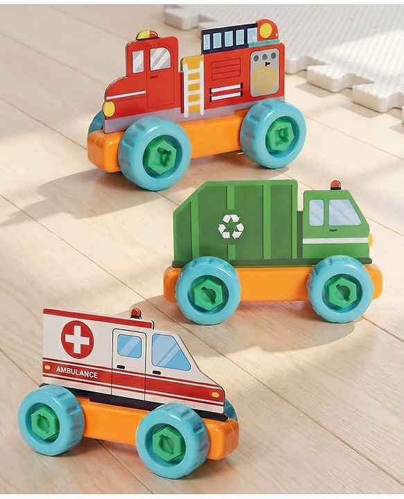 Babyhug 3 in 1 Build a Vehicle Learning Toys for kids- Build, Play & Create| Ambulance, Fire Engine & Clean Up Truck| Indoor Game| STEM Educational Toy| Gifting Idea for age 3+|BIS Certified| DIY Toy