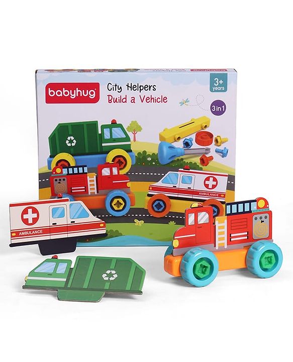 Babyhug 3 in 1 Build a Vehicle Learning Toys for kids- Build, Play & Create| Ambulance, Fire Engine & Clean Up Truck| Indoor Game| STEM Educational Toy| Gifting Idea for age 3+|BIS Certified| DIY Toy