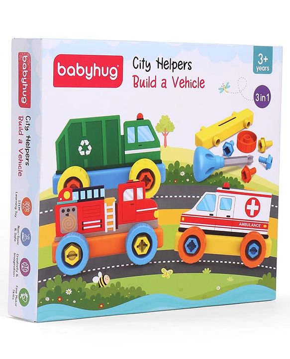 Babyhug 3 in 1 Build a Vehicle Learning Toys for kids- Build, Play & Create| Ambulance, Fire Engine & Clean Up Truck| Indoor Game| STEM Educational Toy| Gifting Idea for age 3+|BIS Certified| DIY Toy