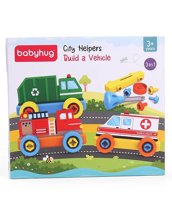 Babyhug 3 in 1 Build a Vehicle Learning Toys for kids- Build, Play & Create| Ambulance, Fire Engine & Clean Up Truck| Indoor Game| STEM Educational Toy| Gifting Idea for age 3+|BIS Certified| DIY Toy