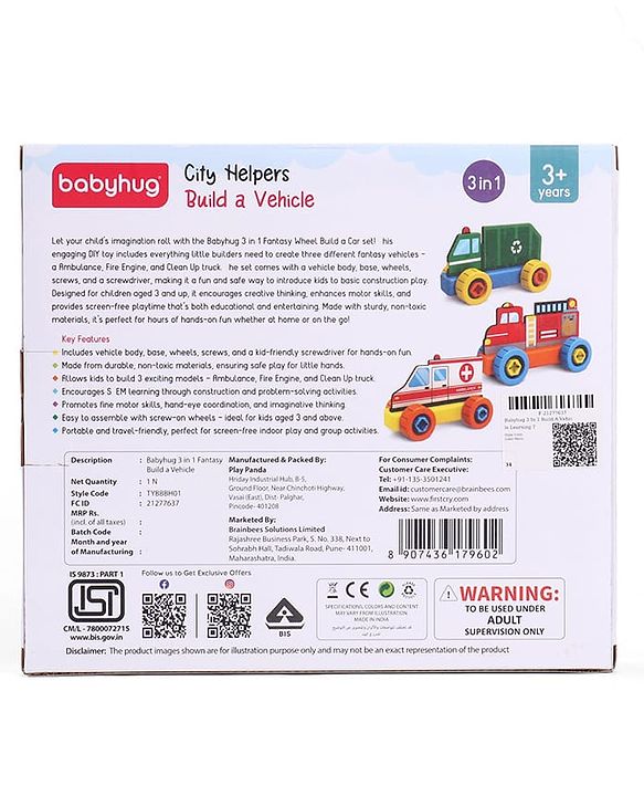 Babyhug 3 in 1 Build a Vehicle Learning Toys for kids- Build, Play & Create| Ambulance, Fire Engine & Clean Up Truck| Indoor Game| STEM Educational Toy| Gifting Idea for age 3+|BIS Certified| DIY Toy