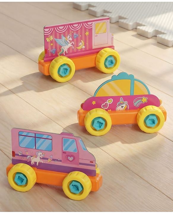 Babyhug 3 in 1 Build a Vehicle Learning Toys for kids- Build, Play & Create| Magic Bus, Unicorn Van & Fantasy Car| Indoor Game| STEM Educational Toy| Gifting Idea for age 3+| BIS Certified| DIY Toy