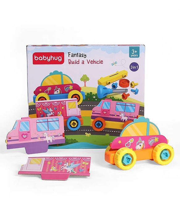 Babyhug 3 in 1 Build a Vehicle Learning Toys for kids- Build, Play & Create| Magic Bus, Unicorn Van & Fantasy Car| Indoor Game| STEM Educational Toy| Gifting Idea for age 3+| BIS Certified| DIY Toy