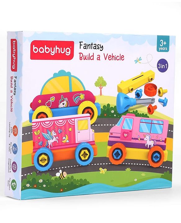 Babyhug 3 in 1 Build a Vehicle Learning Toys for kids- Build, Play & Create| Magic Bus, Unicorn Van & Fantasy Car| Indoor Game| STEM Educational Toy| Gifting Idea for age 3+| BIS Certified| DIY Toy