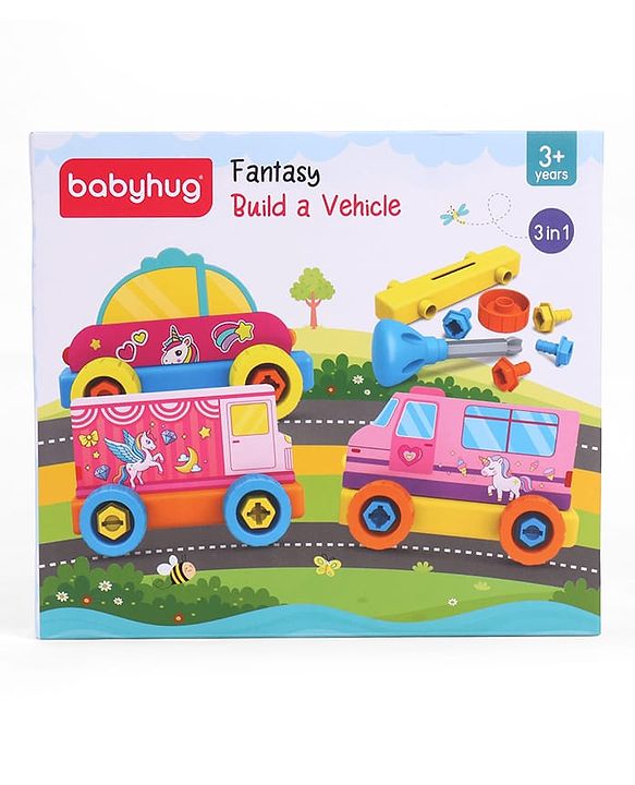 Babyhug 3 in 1 Build a Vehicle Learning Toys for kids- Build, Play & Create| Magic Bus, Unicorn Van & Fantasy Car| Indoor Game| STEM Educational Toy| Gifting Idea for age 3+| BIS Certified| DIY Toy