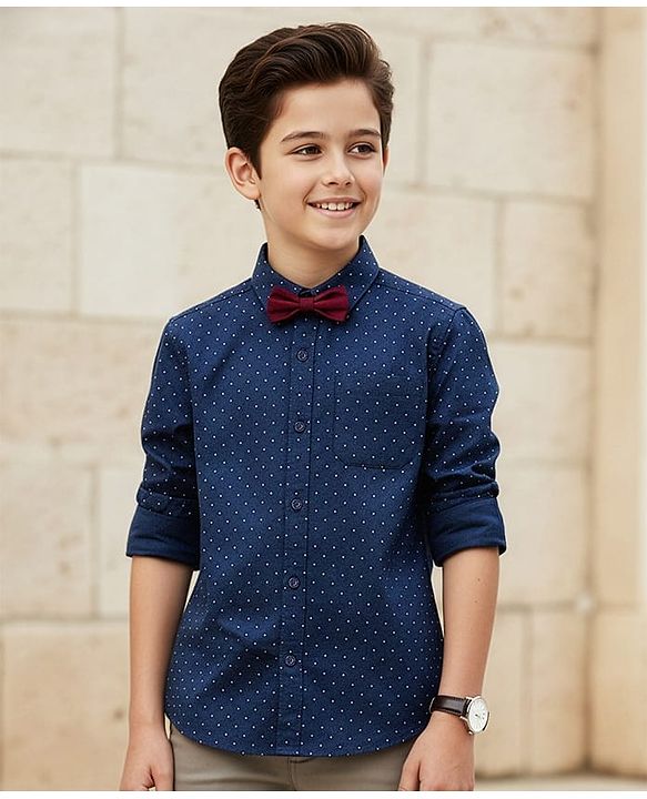 Pine Kids Cotton Woven Full Sleeves Party Shirt With Polka Dot Print & Bow - Navy Blue