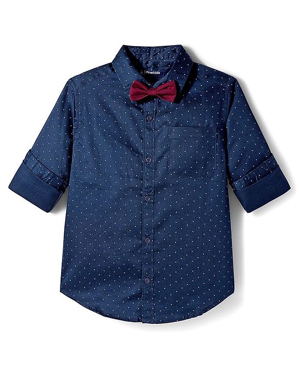 Pine Kids Cotton Woven Full Sleeves Party Shirt With Polka Dot Print & Bow - Navy Blue