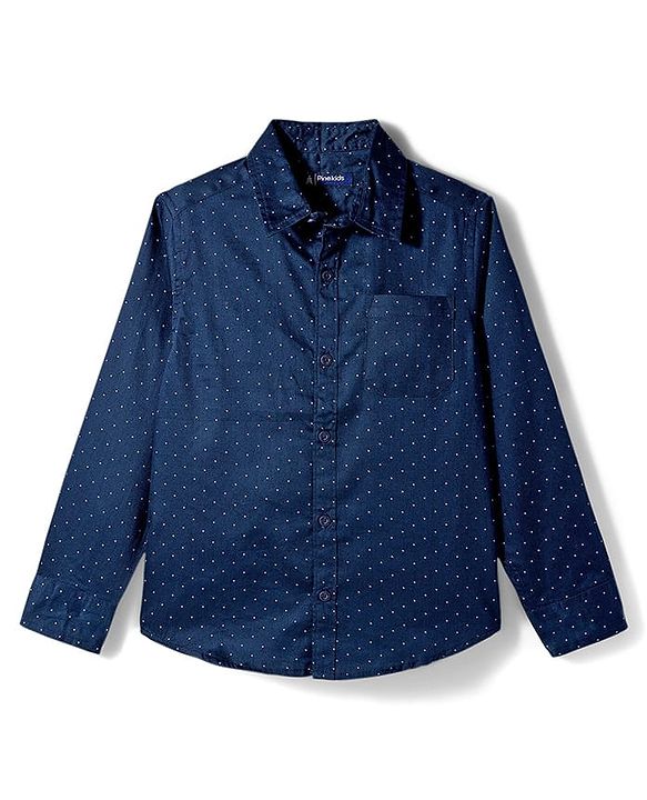 Pine Kids Cotton Woven Full Sleeves Party Shirt With Polka Dot Print & Bow - Navy Blue