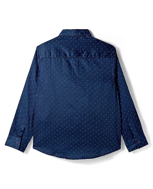 Pine Kids Cotton Woven Full Sleeves Party Shirt With Polka Dot Print & Bow - Navy Blue