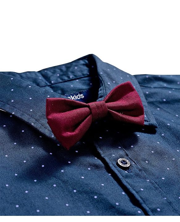 Pine Kids Cotton Woven Full Sleeves Party Shirt With Polka Dot Print & Bow - Navy Blue