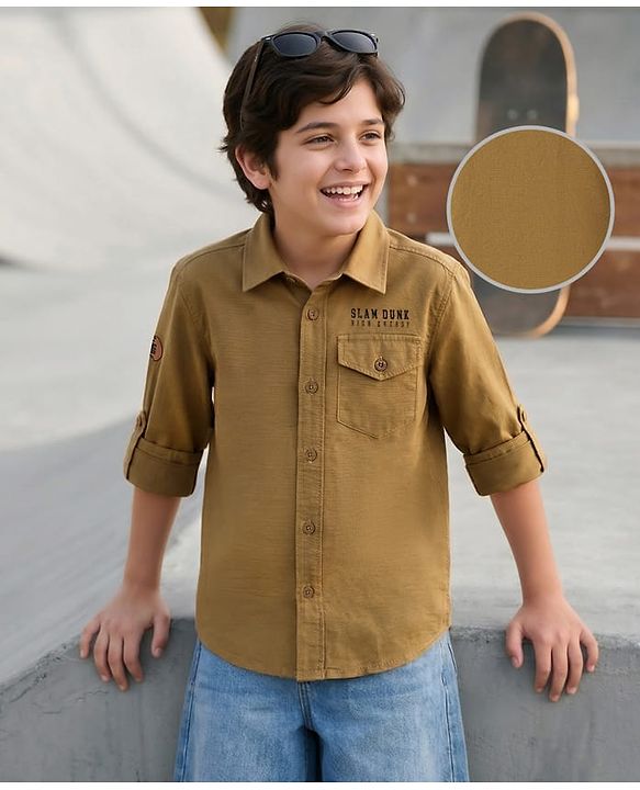 Pine Kids Cotton Woven Full Sleeves Shirt With Text Print - Yellow