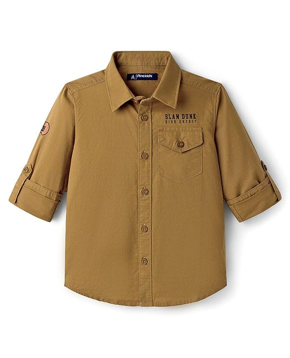 Pine Kids Cotton Woven Full Sleeves Shirt With Text Print - Yellow