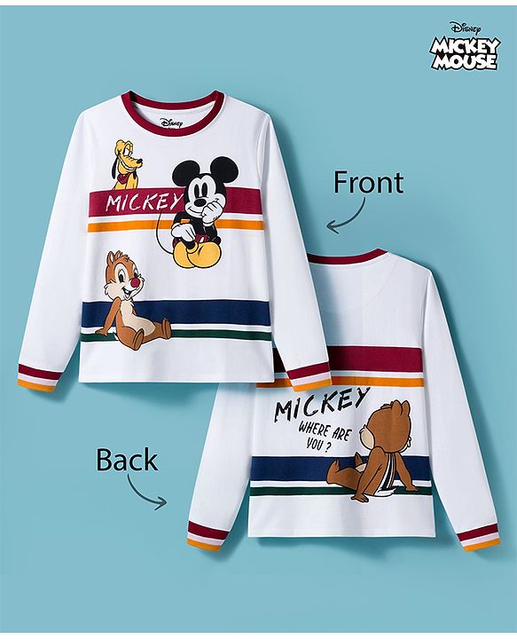 Pine Kids Disney Single Jersey Kit Full Sleeves T-Shirt with Mickey & Friends Front & Back Graphic - White