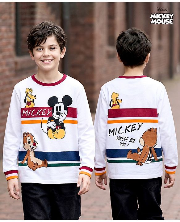 Pine Kids Disney Single Jersey Kit Full Sleeves T-Shirt with Mickey & Friends Front & Back Graphic - White