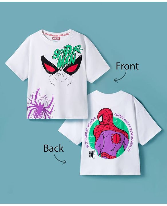 Pine Kids Marvel Single Jersey Knit Drop Shoulder Half Sleeves Oversized T-Shirt with Spider Man Front & Back Graphic - White