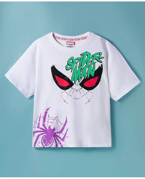 Pine Kids Marvel Single Jersey Knit Drop Shoulder Half Sleeves Oversized T-Shirt with Spider Man Front & Back Graphic - White